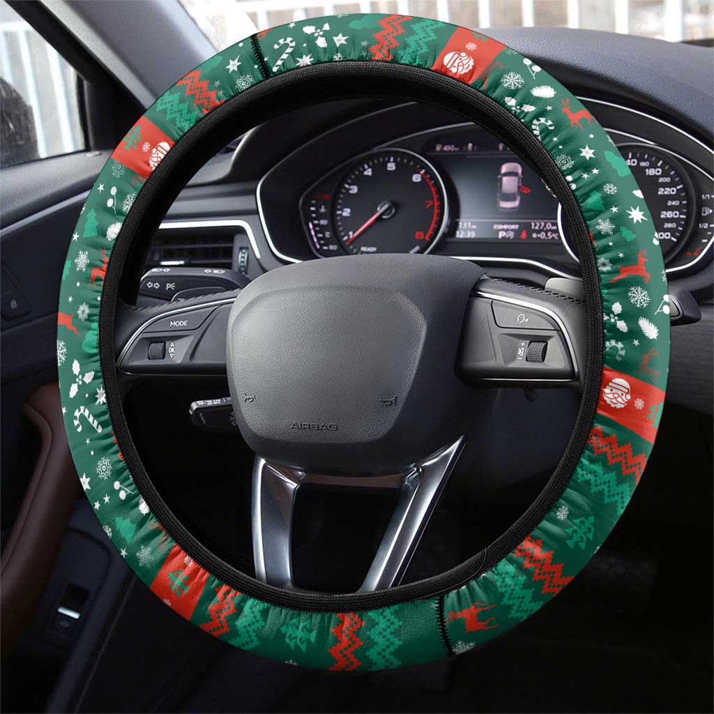 Bulgaria Christmas Steering Wheel Cover with Green-Red Theme, Golden Lion, and Santa Sleigh Motif - Wonder Print Shop