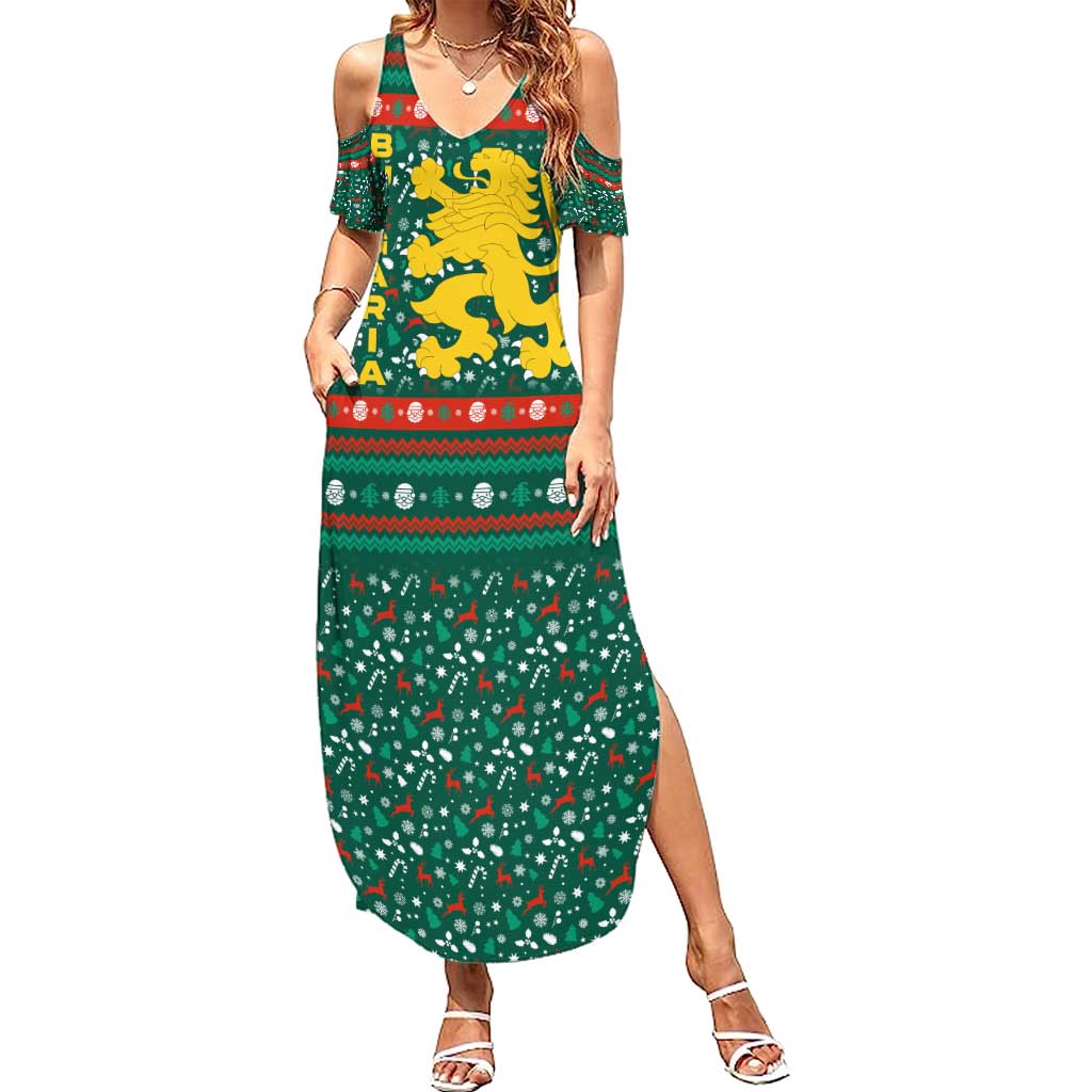 Bulgaria Christmas Summer Maxi Dress with Green-Red Theme, Golden Lion, and Santa Sleigh Motif - Wonder Print Shop