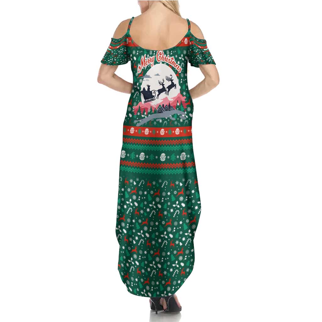 Bulgaria Christmas Summer Maxi Dress with Green-Red Theme, Golden Lion, and Santa Sleigh Motif - Wonder Print Shop