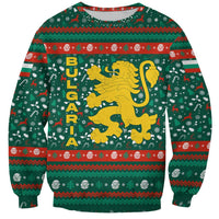 Bulgaria Christmas Sweatshirt with Green-Red Theme, Golden Lion, and Santa Sleigh Motif - Wonder Print Shop
