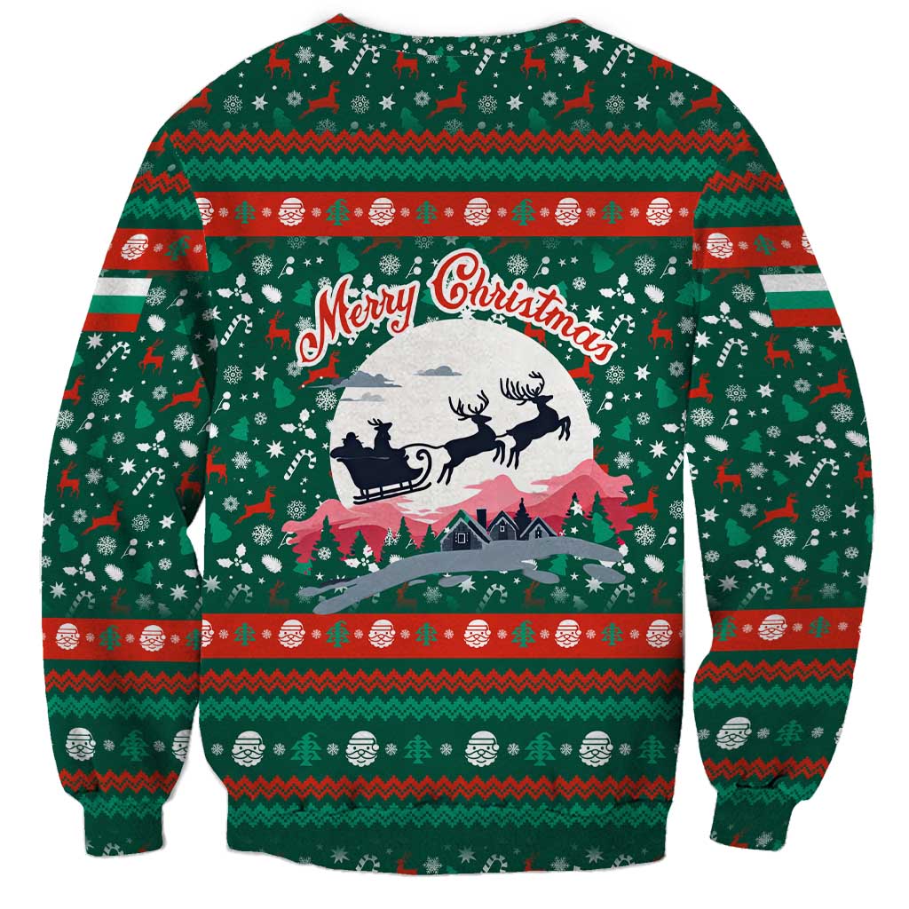 Bulgaria Christmas Sweatshirt with Green-Red Theme, Golden Lion, and Santa Sleigh Motif - Wonder Print Shop