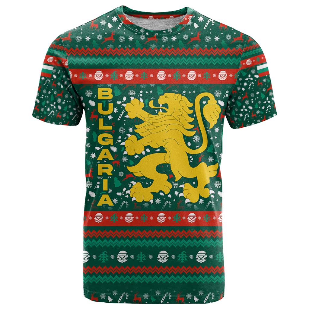 Bulgaria Christmas T Shirt with Green-Red Theme, Golden Lion, and Santa Sleigh Motif - Wonder Print Shop