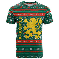 Bulgaria Christmas T Shirt with Green-Red Theme, Golden Lion, and Santa Sleigh Motif - Wonder Print Shop