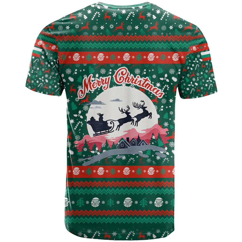 Bulgaria Christmas T Shirt with Green-Red Theme, Golden Lion, and Santa Sleigh Motif - Wonder Print Shop