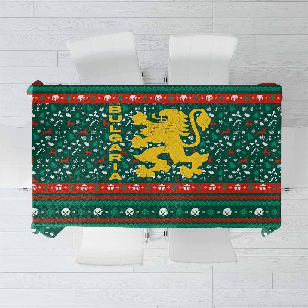 Bulgaria Christmas Tablecloth with Green-Red Theme, Golden Lion, and Santa Sleigh Motif - Wonder Print Shop