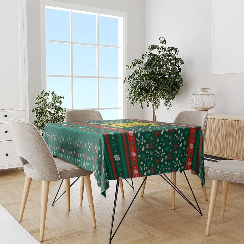 Bulgaria Christmas Tablecloth with Green-Red Theme, Golden Lion, and Santa Sleigh Motif - Wonder Print Shop