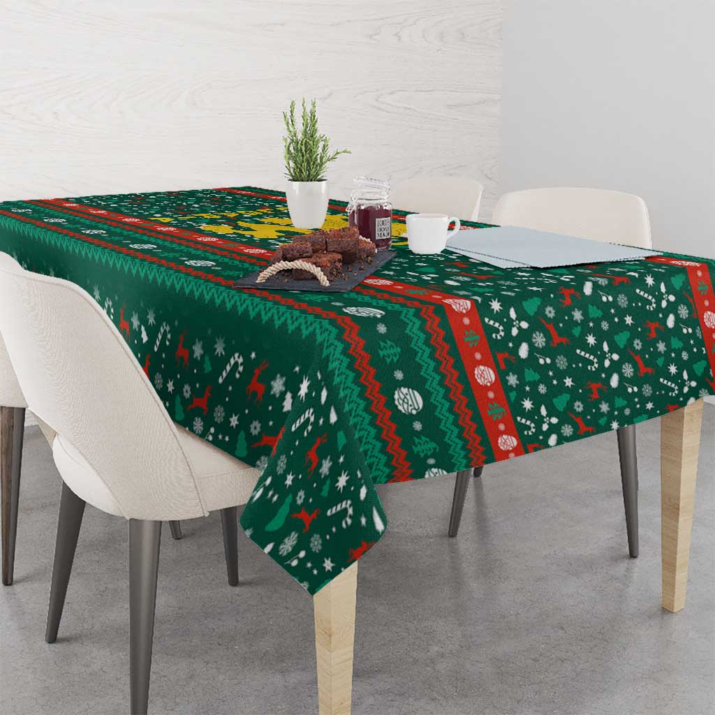 Bulgaria Christmas Tablecloth with Green-Red Theme, Golden Lion, and Santa Sleigh Motif - Wonder Print Shop