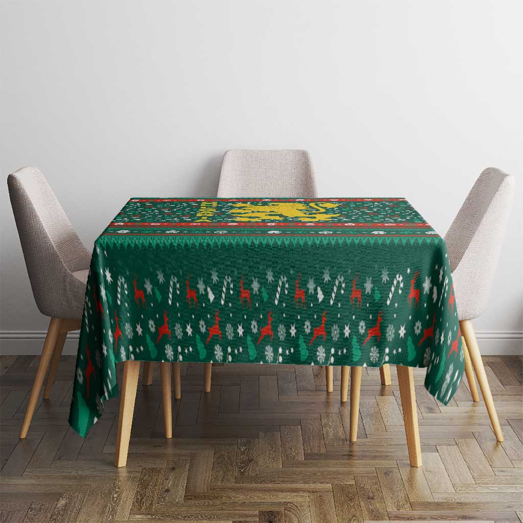 Bulgaria Christmas Tablecloth with Green-Red Theme, Golden Lion, and Santa Sleigh Motif - Wonder Print Shop