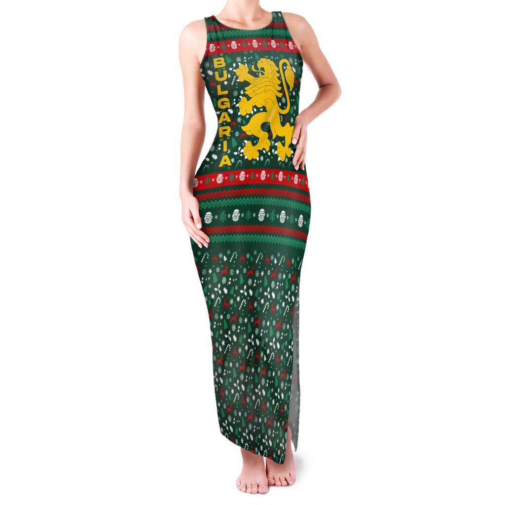 Bulgaria Christmas Tank Maxi Dress with Green-Red Theme, Golden Lion, and Santa Sleigh Motif - Wonder Print Shop