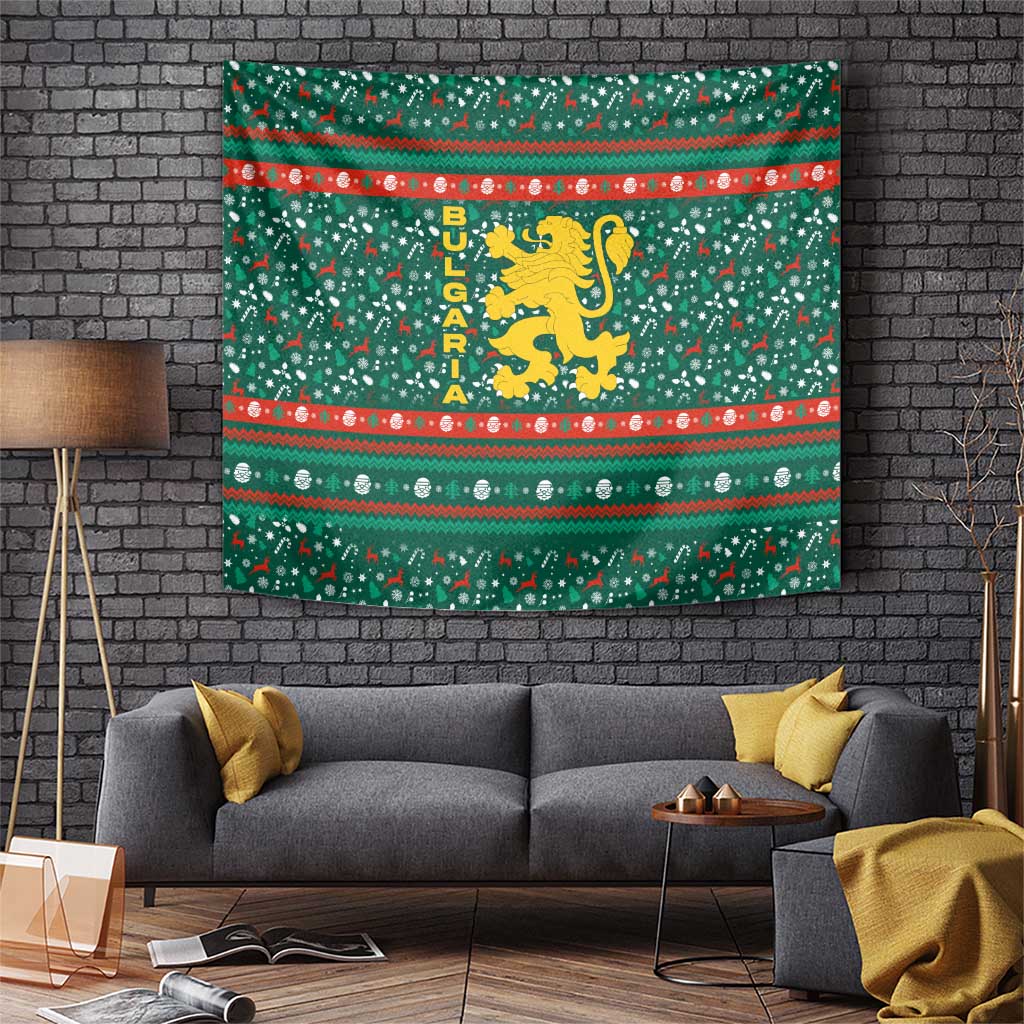 Bulgaria Christmas Tapestry with Green-Red Theme, Golden Lion, and Santa Sleigh Motif - Wonder Print Shop