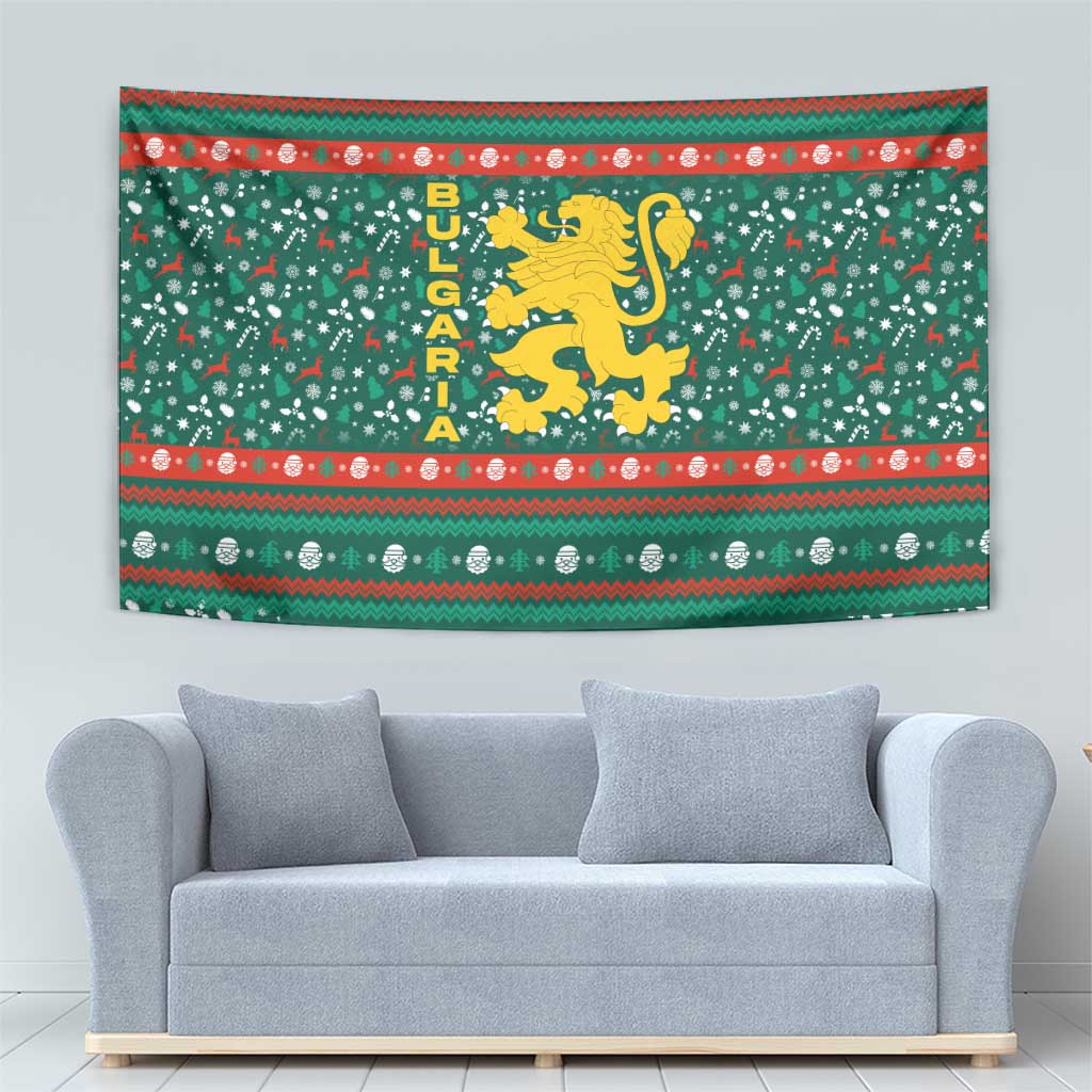 Bulgaria Christmas Tapestry with Green-Red Theme, Golden Lion, and Santa Sleigh Motif - Wonder Print Shop