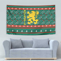 Bulgaria Christmas Tapestry with Green-Red Theme, Golden Lion, and Santa Sleigh Motif - Wonder Print Shop