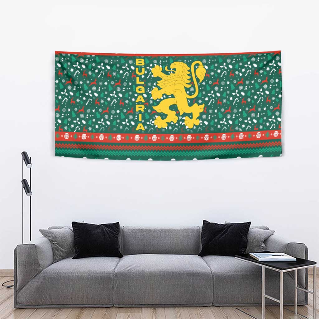 Bulgaria Christmas Tapestry with Green-Red Theme, Golden Lion, and Santa Sleigh Motif - Wonder Print Shop