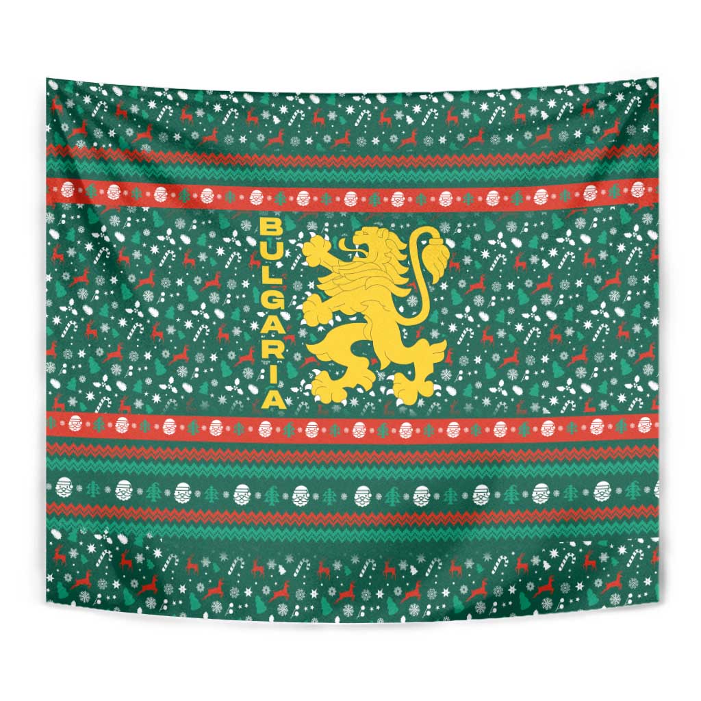 Bulgaria Christmas Tapestry with Green-Red Theme, Golden Lion, and Santa Sleigh Motif - Wonder Print Shop