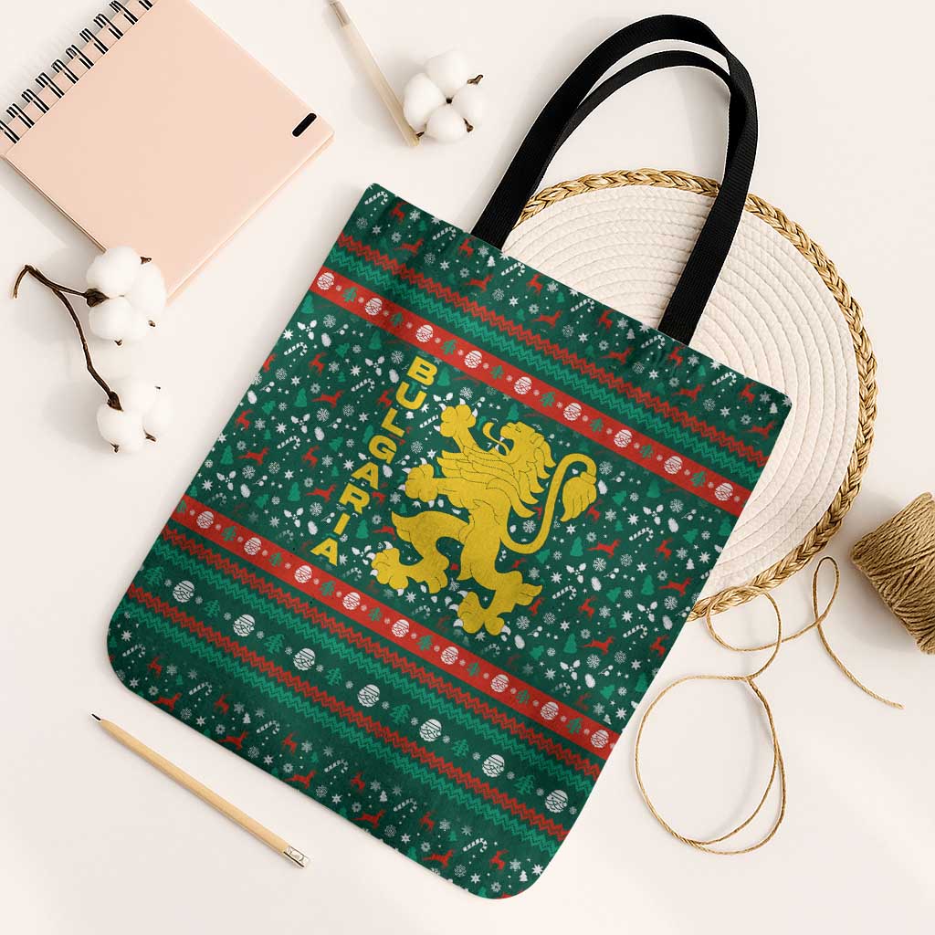 Bulgaria Christmas Tote Bag with Green-Red Theme, Golden Lion, and Santa Sleigh Motif - Wonder Print Shop