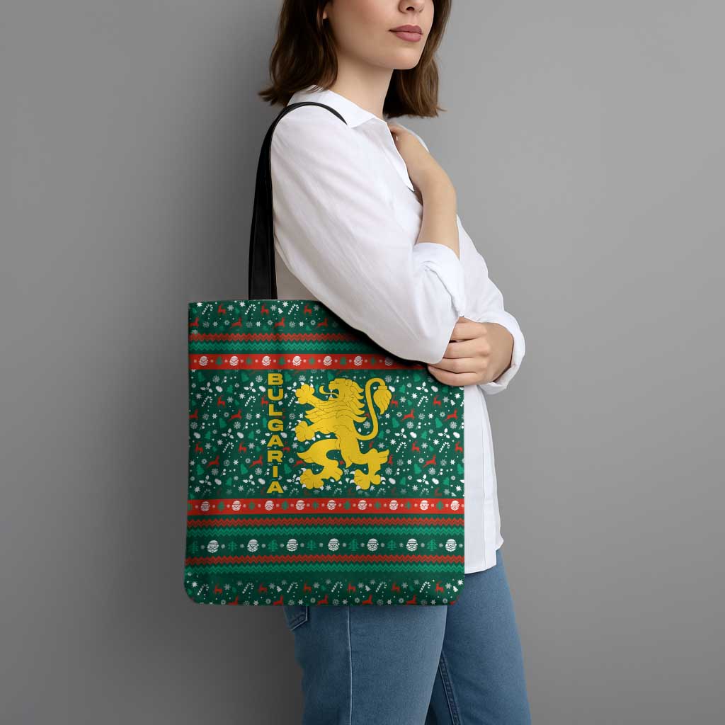 Bulgaria Christmas Tote Bag with Green-Red Theme, Golden Lion, and Santa Sleigh Motif - Wonder Print Shop