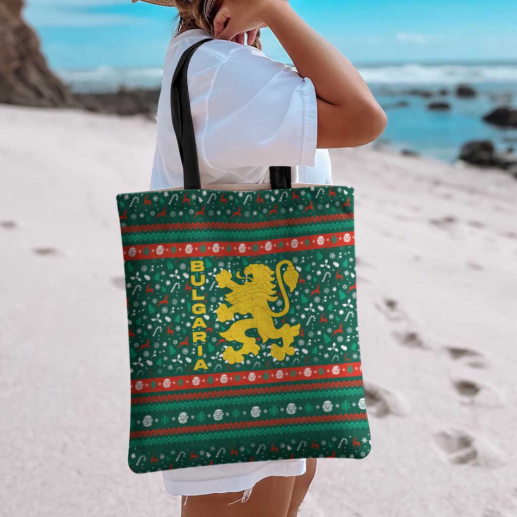 Bulgaria Christmas Tote Bag with Green-Red Theme, Golden Lion, and Santa Sleigh Motif - Wonder Print Shop