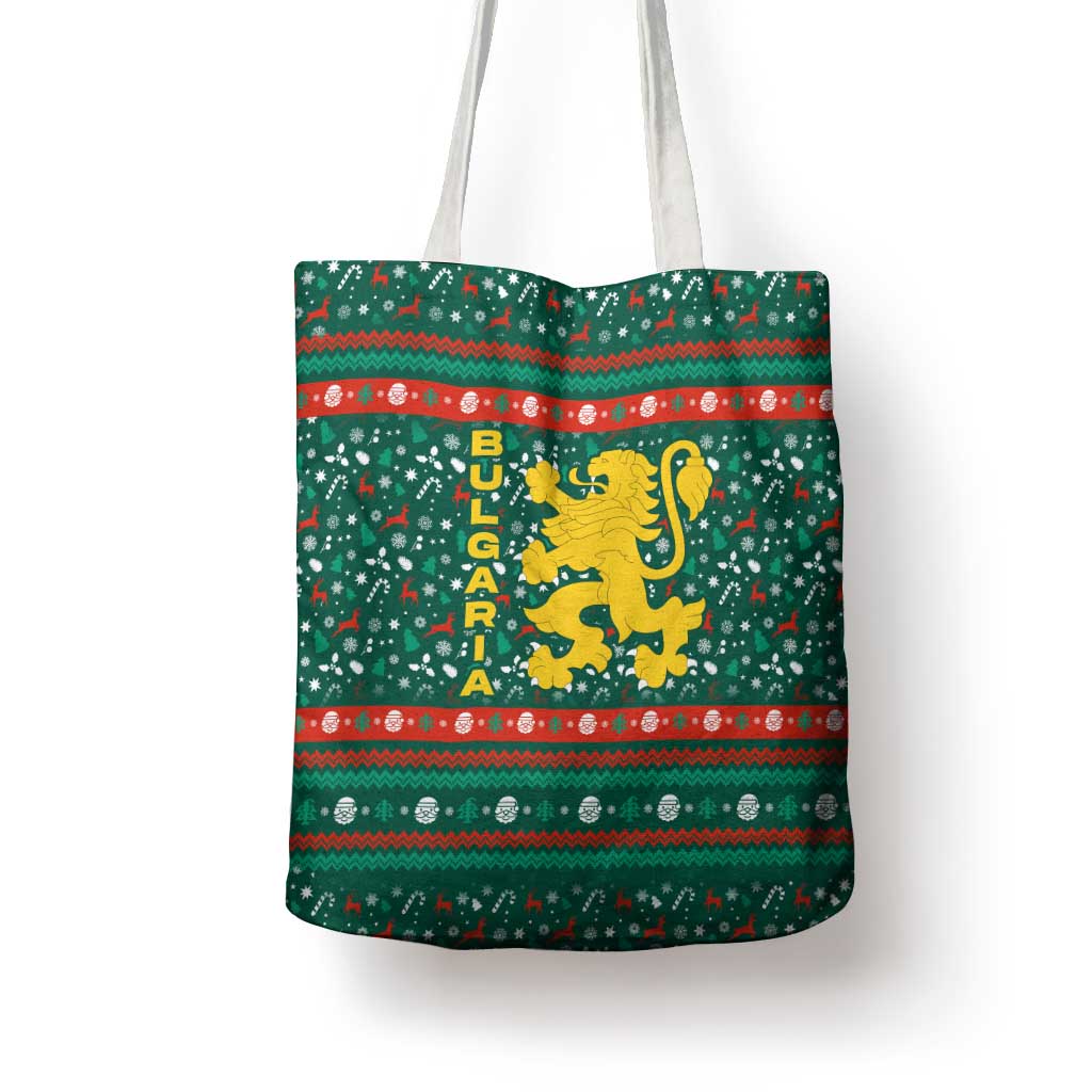 Bulgaria Christmas Tote Bag with Green-Red Theme, Golden Lion, and Santa Sleigh Motif - Wonder Print Shop