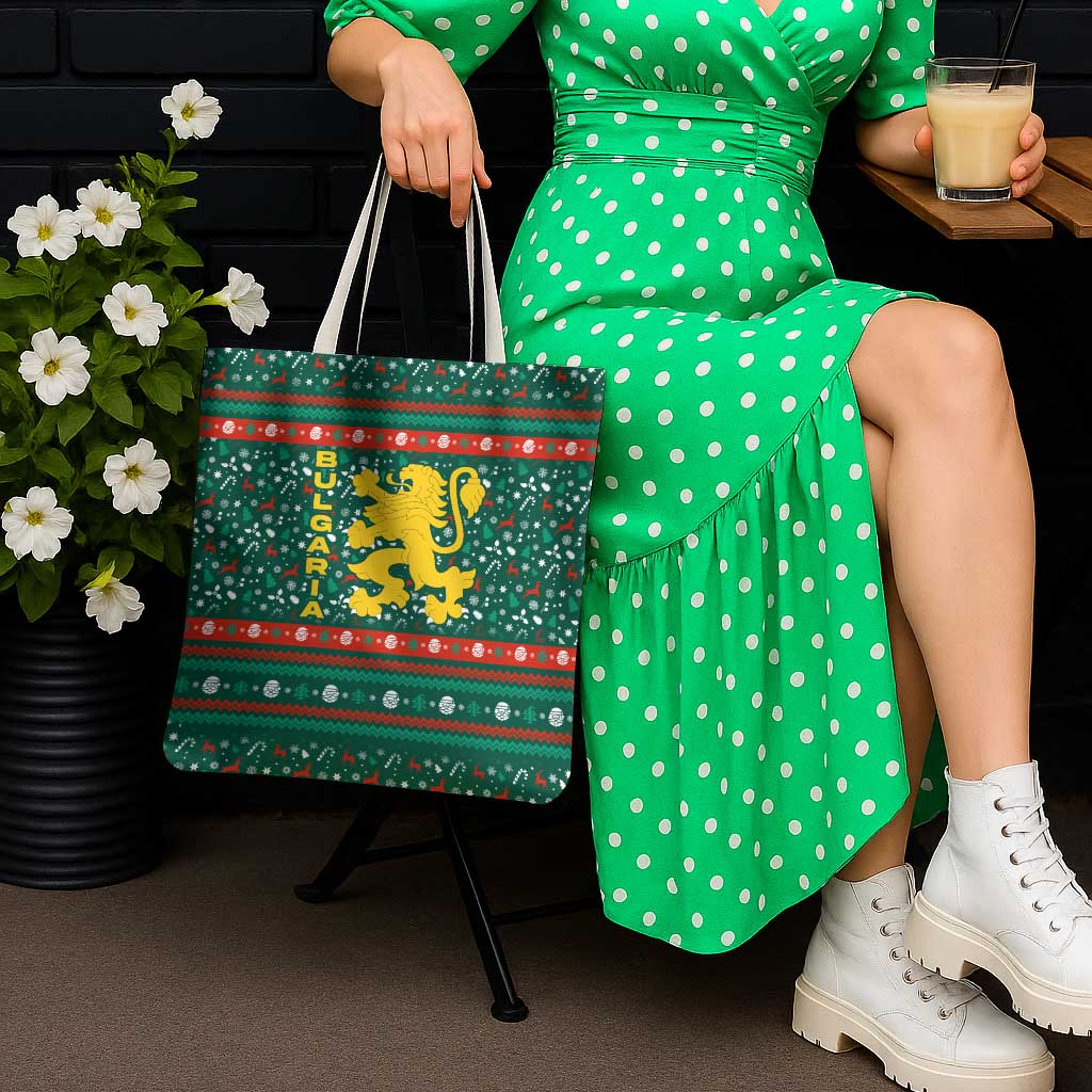 Bulgaria Christmas Tote Bag with Green-Red Theme, Golden Lion, and Santa Sleigh Motif - Wonder Print Shop