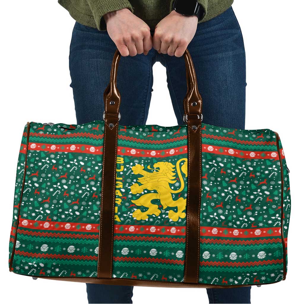 Bulgaria Christmas Travel Bag with Green-Red Theme, Golden Lion, and Santa Sleigh Motif - Wonder Print Shop