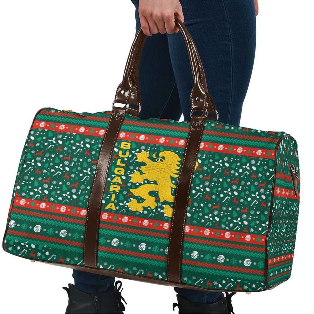 Bulgaria Christmas Travel Bag with Green-Red Theme, Golden Lion, and Santa Sleigh Motif - Wonder Print Shop