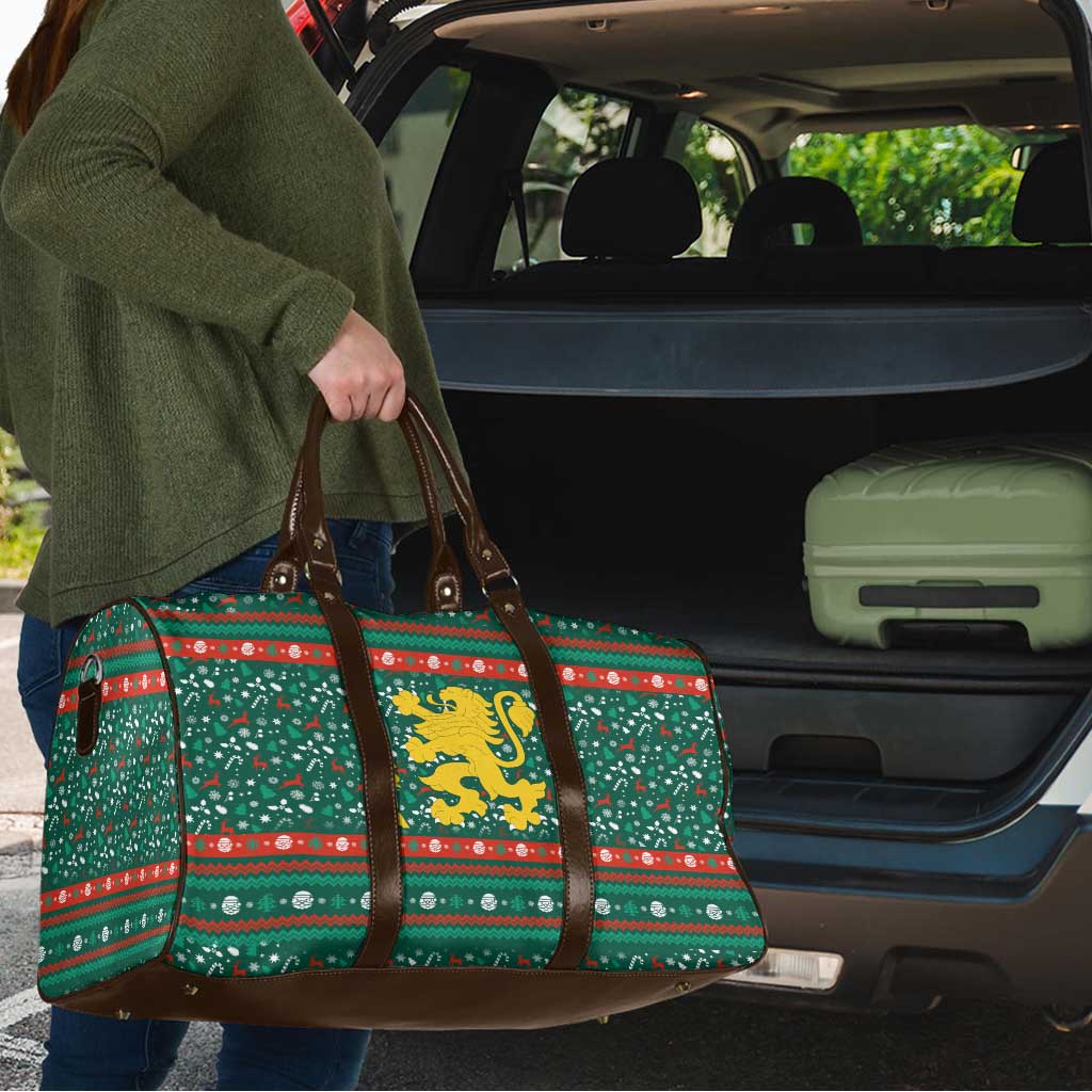 Bulgaria Christmas Travel Bag with Green-Red Theme, Golden Lion, and Santa Sleigh Motif - Wonder Print Shop