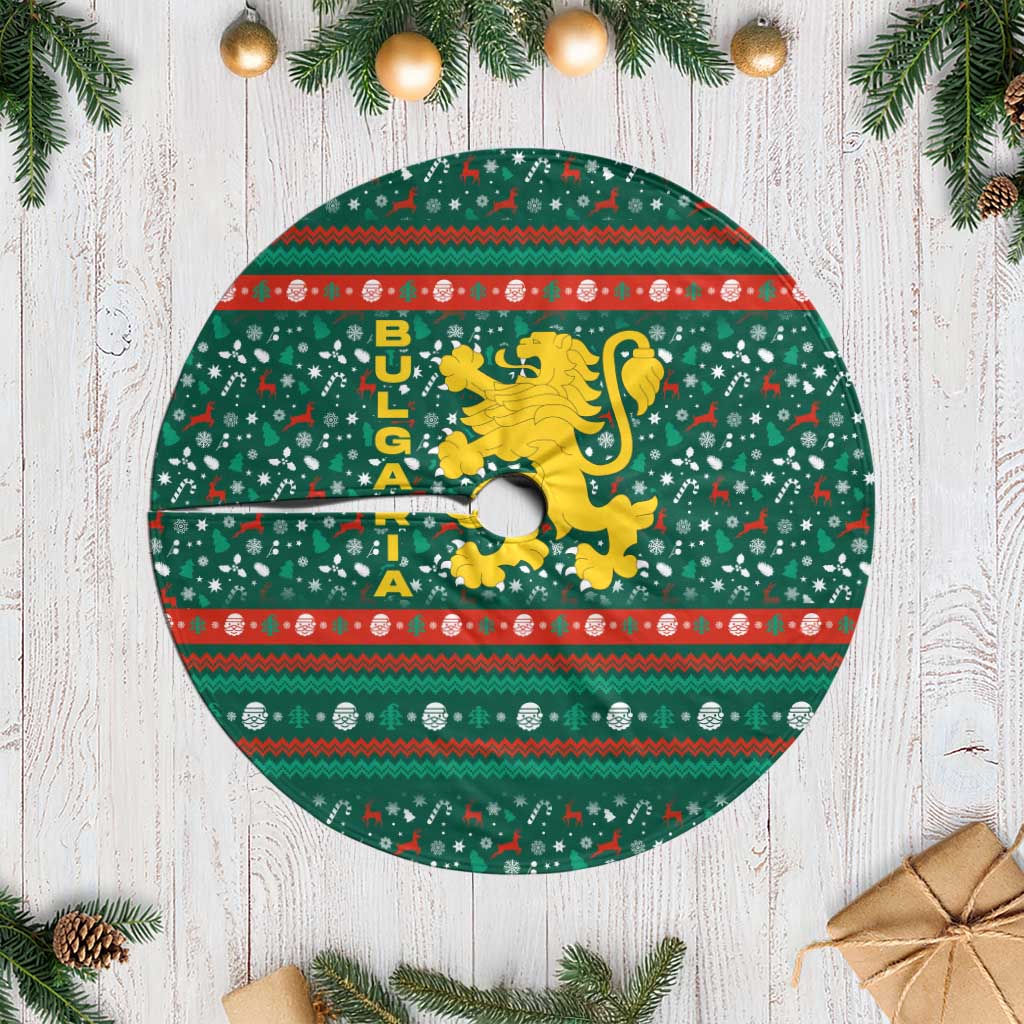 Bulgaria Christmas Tree Skirt with Green-Red Theme, Golden Lion, and Santa Sleigh Motif - Wonder Print Shop