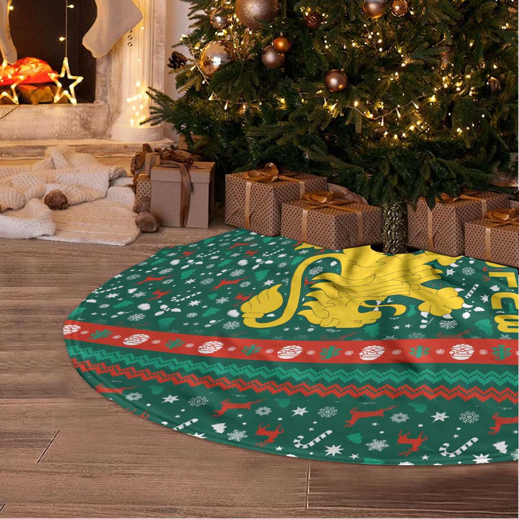 Bulgaria Christmas Tree Skirt with Green-Red Theme, Golden Lion, and Santa Sleigh Motif - Wonder Print Shop