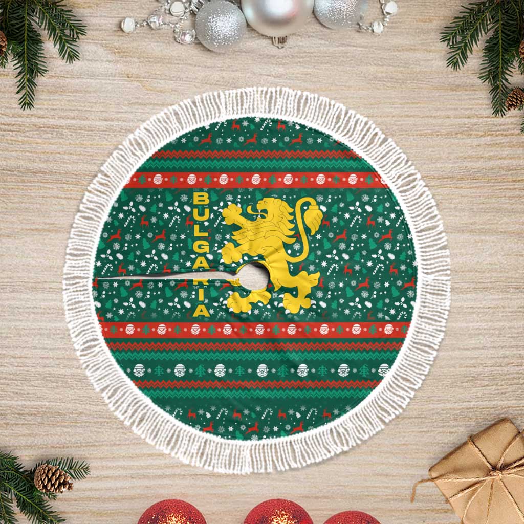 Bulgaria Christmas Tree Skirt with Green-Red Theme, Golden Lion, and Santa Sleigh Motif - Wonder Print Shop