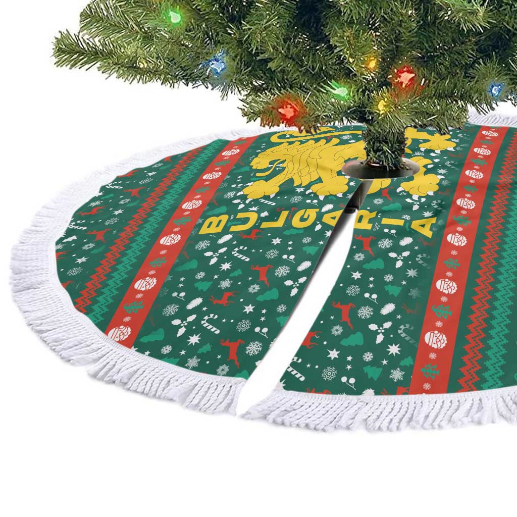 Bulgaria Christmas Tree Skirt with Green-Red Theme, Golden Lion, and Santa Sleigh Motif - Wonder Print Shop