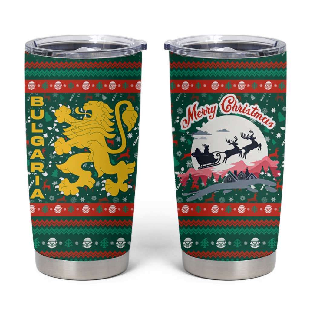 Bulgaria Christmas Tumbler Cup with Green-Red Theme, Golden Lion, and Santa Sleigh Motif - Wonder Print Shop