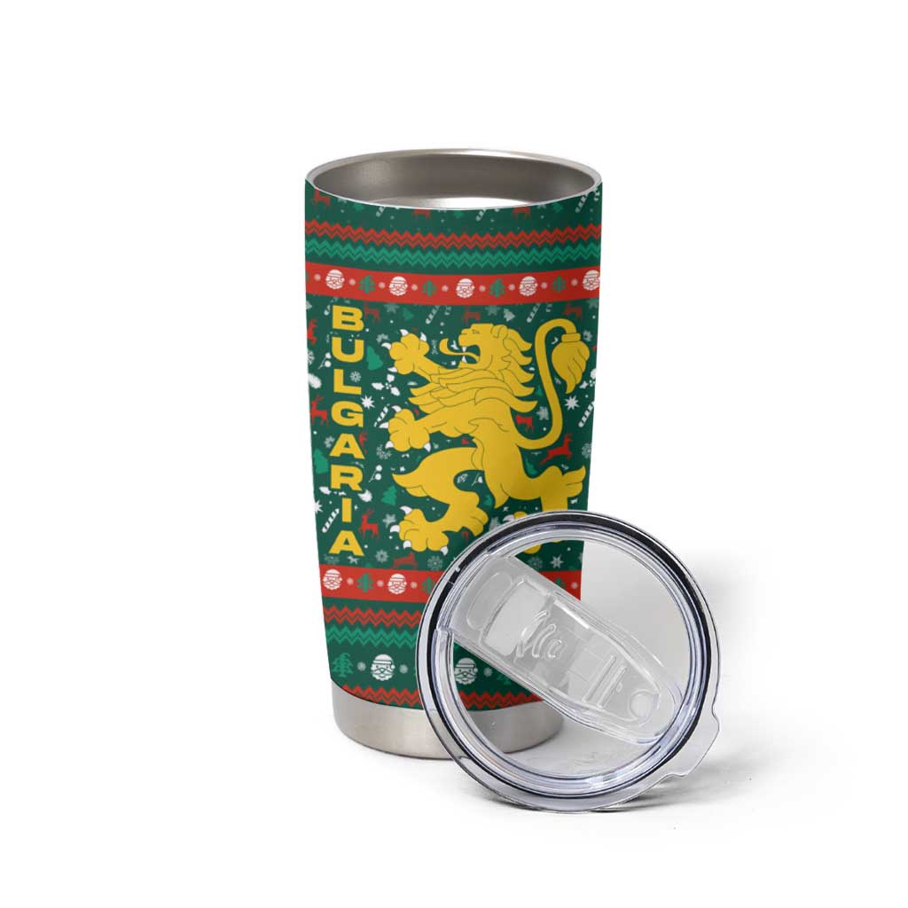 Bulgaria Christmas Tumbler Cup with Green-Red Theme, Golden Lion, and Santa Sleigh Motif - Wonder Print Shop