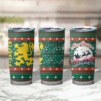 Bulgaria Christmas Tumbler Cup with Green-Red Theme, Golden Lion, and Santa Sleigh Motif - Wonder Print Shop