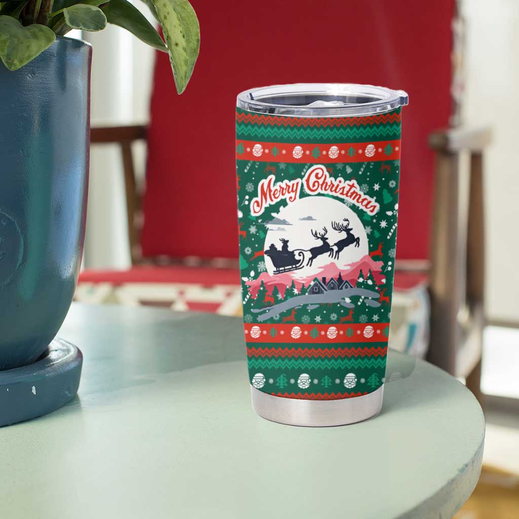 Bulgaria Christmas Tumbler Cup with Green-Red Theme, Golden Lion, and Santa Sleigh Motif - Wonder Print Shop