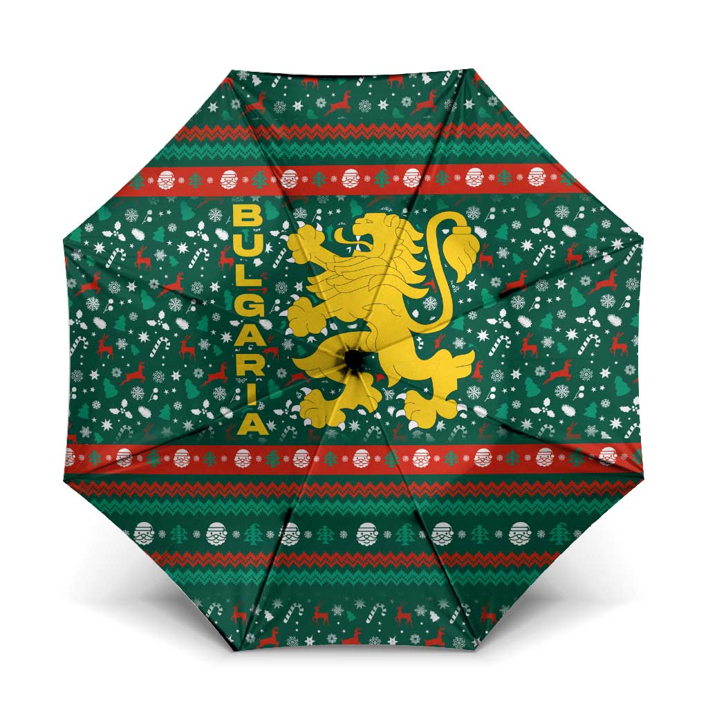 Bulgaria Christmas Umbrella with Green-Red Theme, Golden Lion, and Santa Sleigh Motif - Wonder Print Shop