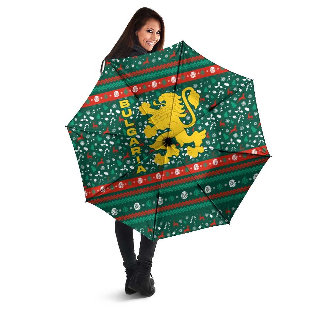 Bulgaria Christmas Umbrella with Green-Red Theme, Golden Lion, and Santa Sleigh Motif - Wonder Print Shop