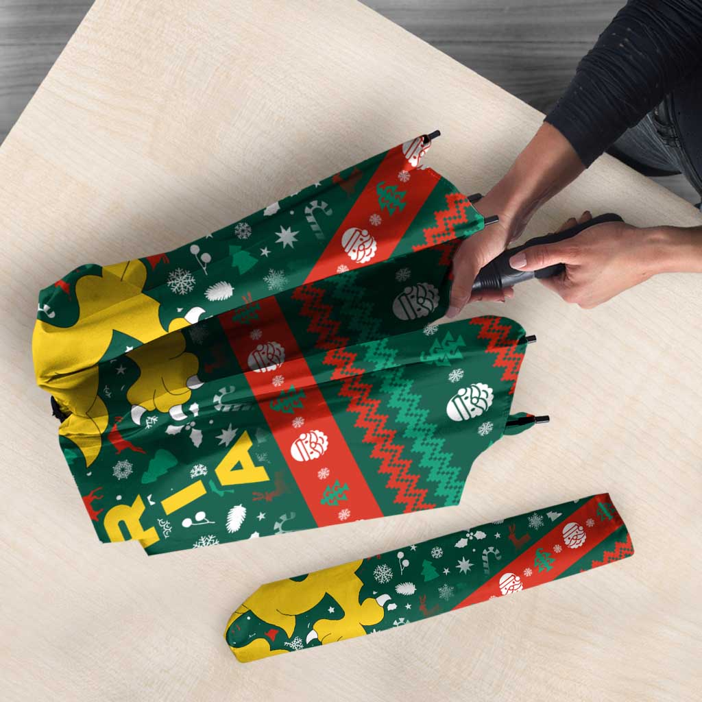 Bulgaria Christmas Umbrella with Green-Red Theme, Golden Lion, and Santa Sleigh Motif - Wonder Print Shop