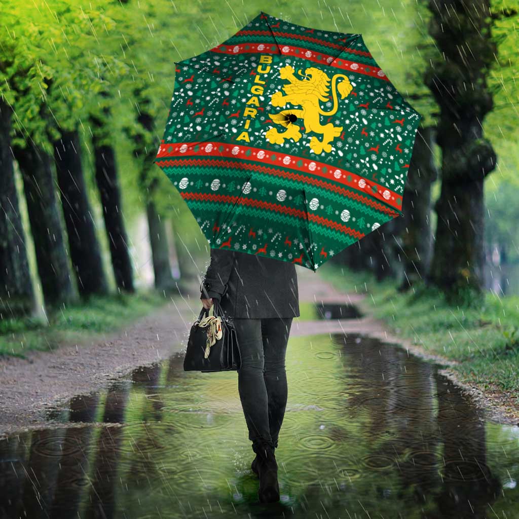 Bulgaria Christmas Umbrella with Green-Red Theme, Golden Lion, and Santa Sleigh Motif - Wonder Print Shop