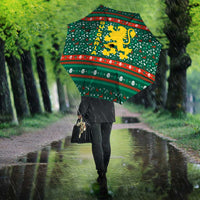 Bulgaria Christmas Umbrella with Green-Red Theme, Golden Lion, and Santa Sleigh Motif - Wonder Print Shop