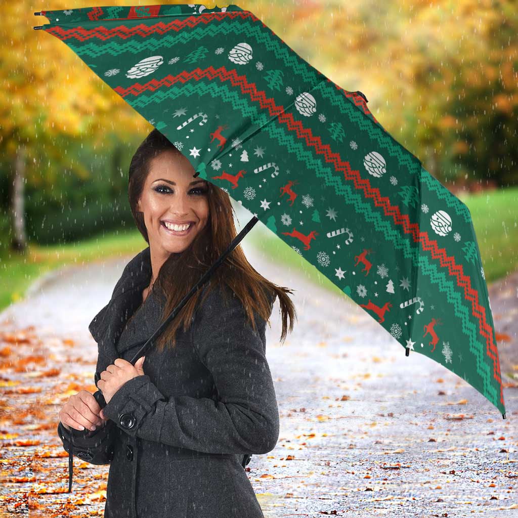 Bulgaria Christmas Umbrella with Green-Red Theme, Golden Lion, and Santa Sleigh Motif - Wonder Print Shop