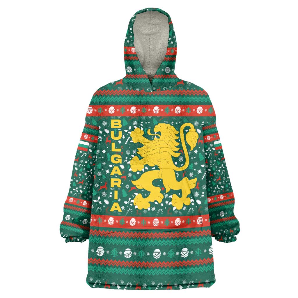 Bulgaria Christmas Wearable Blanket Hoodie with Green-Red Theme, Golden Lion, and Santa Sleigh Motif - Wonder Print Shop