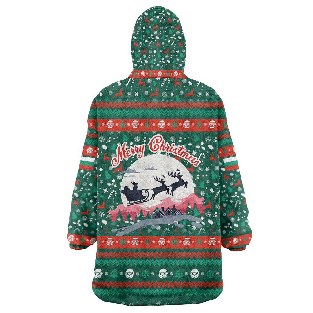 Bulgaria Christmas Wearable Blanket Hoodie with Green-Red Theme, Golden Lion, and Santa Sleigh Motif - Wonder Print Shop