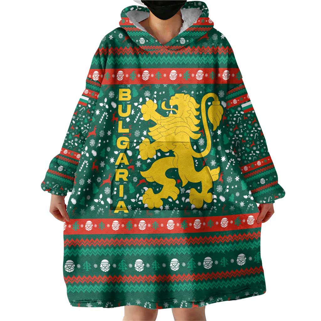Bulgaria Christmas Wearable Blanket Hoodie with Green-Red Theme, Golden Lion, and Santa Sleigh Motif - Wonder Print Shop