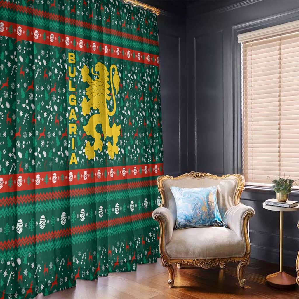 Bulgaria Christmas Window Curtain with Green-Red Theme, Golden Lion, and Santa Sleigh Motif - Wonder Print Shop