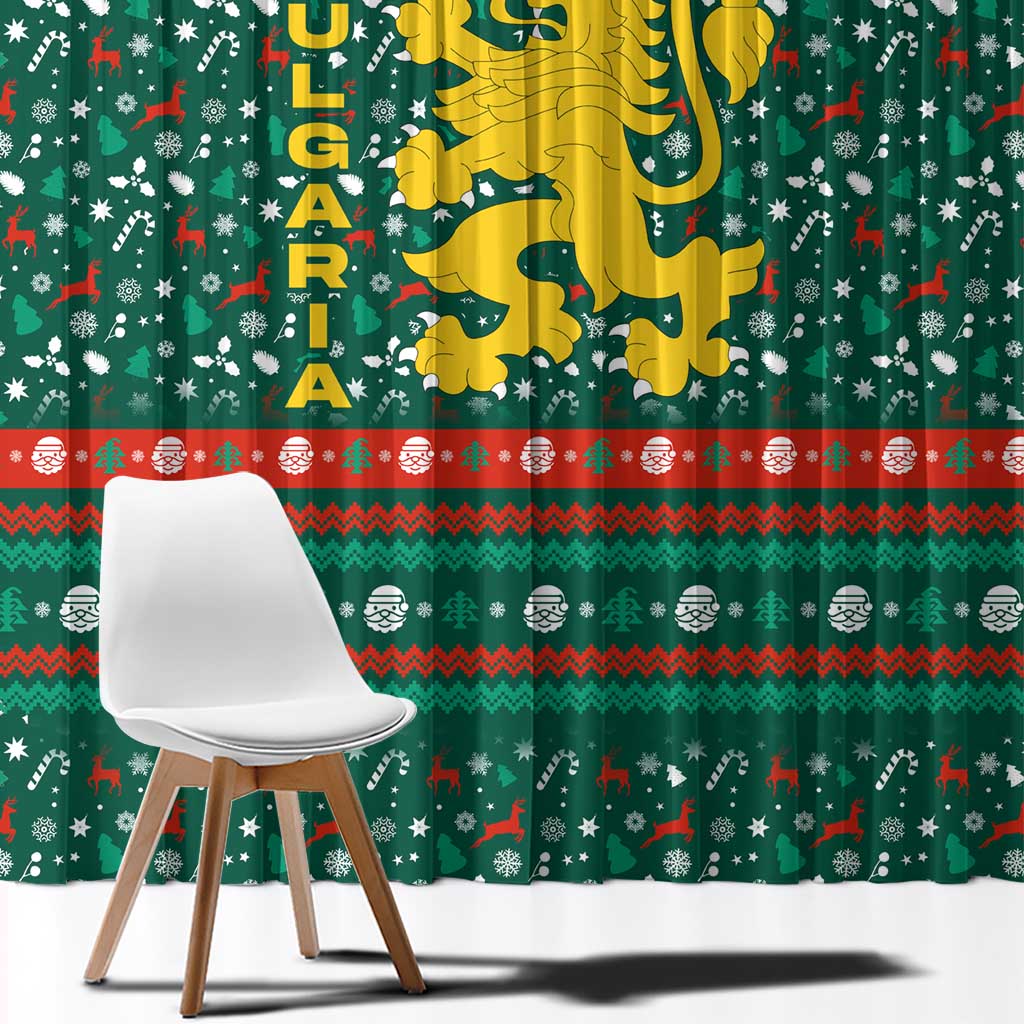 Bulgaria Christmas Window Curtain with Green-Red Theme, Golden Lion, and Santa Sleigh Motif - Wonder Print Shop