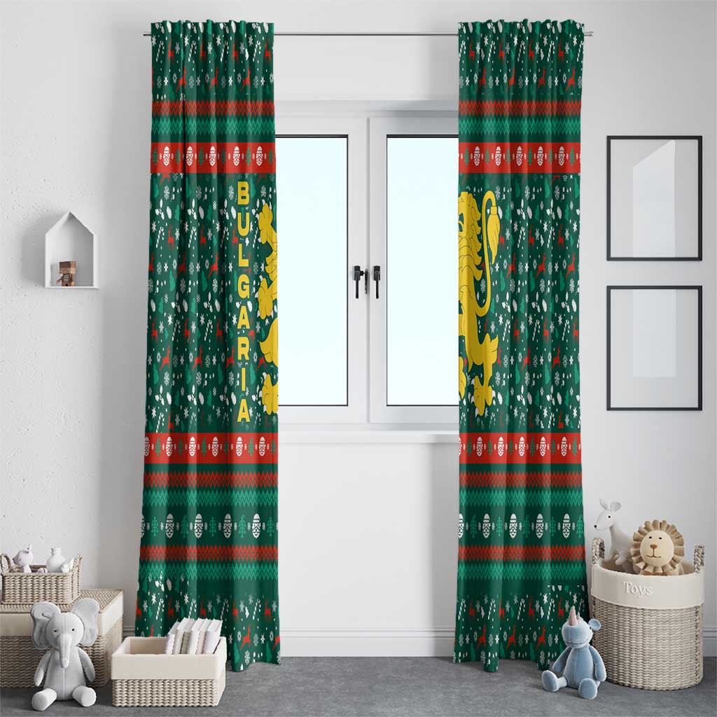Bulgaria Christmas Window Curtain with Green-Red Theme, Golden Lion, and Santa Sleigh Motif - Wonder Print Shop