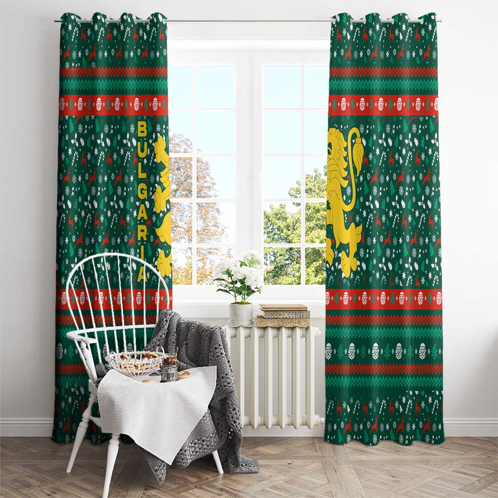 Bulgaria Christmas Window Curtain with Green-Red Theme, Golden Lion, and Santa Sleigh Motif - Wonder Print Shop