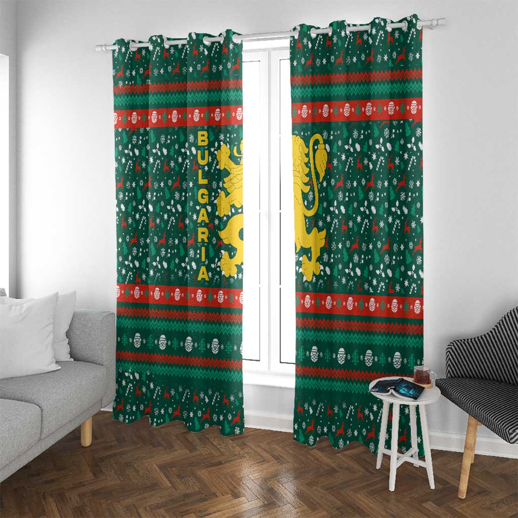 Bulgaria Christmas Window Curtain with Green-Red Theme, Golden Lion, and Santa Sleigh Motif - Wonder Print Shop