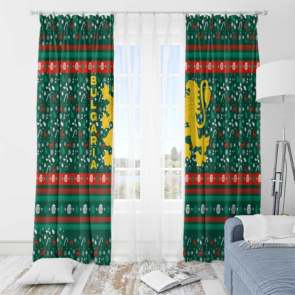 Bulgaria Christmas Window Curtain with Green-Red Theme, Golden Lion, and Santa Sleigh Motif - Wonder Print Shop