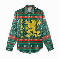 Bulgaria Christmas Women Casual Shirt with Green-Red Theme, Golden Lion, and Santa Sleigh Motif - Wonder Print Shop